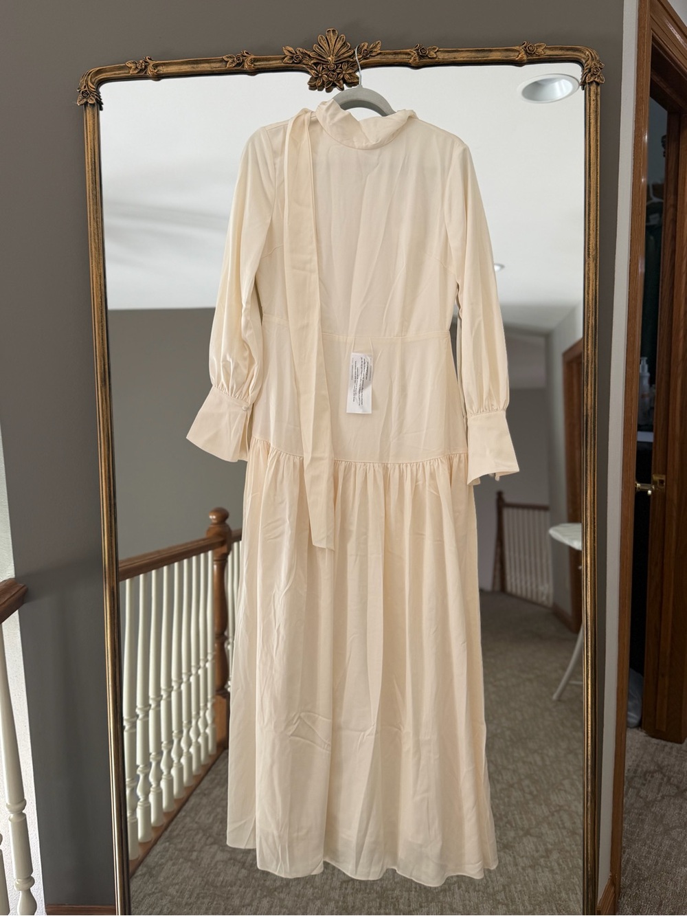 Long-Sleeve Cream Maxi Dress with Neck Tie